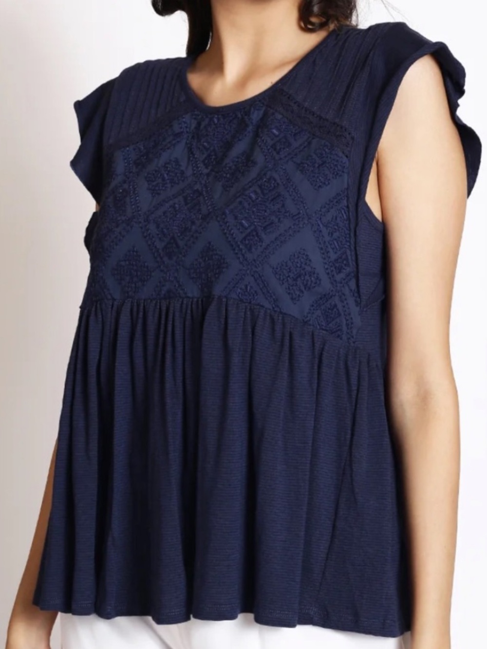 Wonderly Navy Embroidered Cap-Sleeve Peplum Top